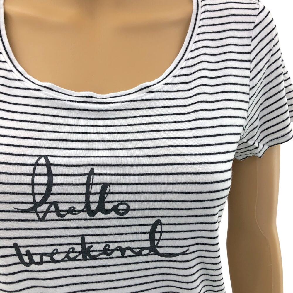 Dressbarn Sunday SMALL White Black Striped Hello Weekend Tee Top Short Sleeve